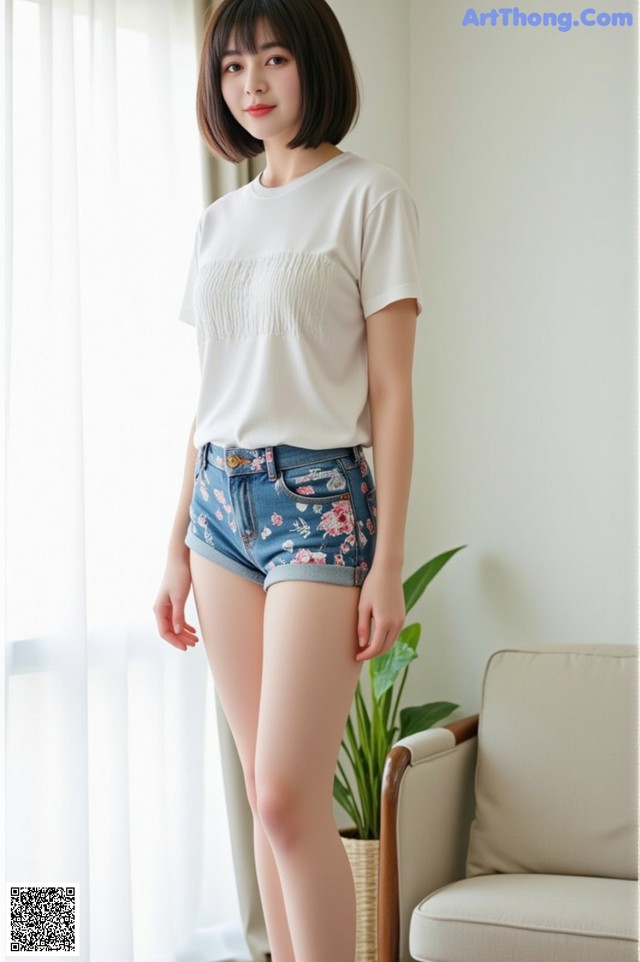 a woman standing in front of a window wearing a white t - shirt and denim shorts