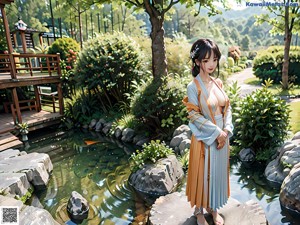 A woman in a kimono standing in front of a door.