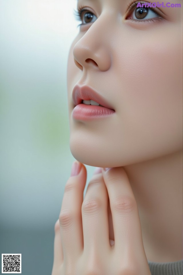 A close up of a woman's face with her hand on her chin.