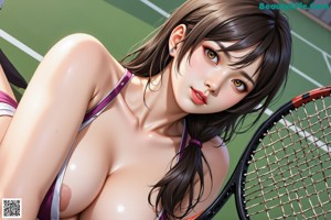 A woman in a blue bikini holding a tennis racket.