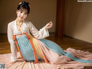 A woman in a pink and white hanbok standing in a garden.