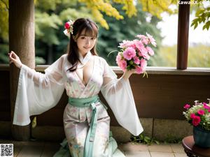 A woman in an orange kimono posing for a picture.