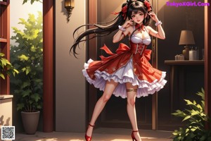 A woman in a red and white dress holding a red lantern.