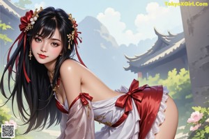 A woman in a red and white dress holding a red lantern.