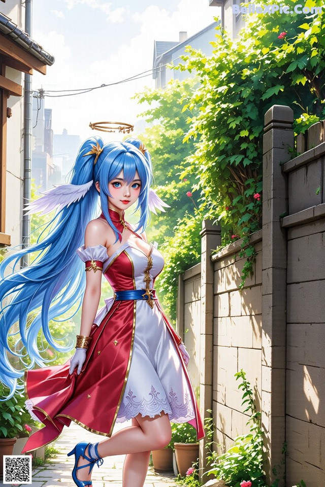Hentai - Captivating Grace of the Cosmic Maiden Set.2 20250125 Part 16 No.d7e6a0 A woman with long blue hair wearing a red and white dress.