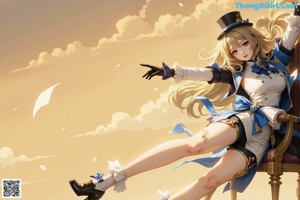 A woman in a blue and white outfit holding a sword.