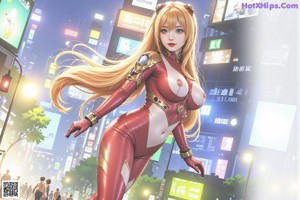 A woman in a red and black outfit standing in the middle of a city.