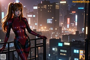 A woman in a red bodysuit standing in the middle of a city.