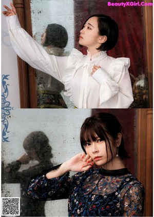 A woman leaning against a wall with her hand on her chin.
