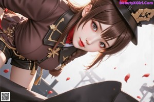 A woman in a brown dress and hat standing next to a body of water.