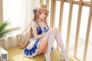 A woman in a blue dress and white stockings posing for a picture.