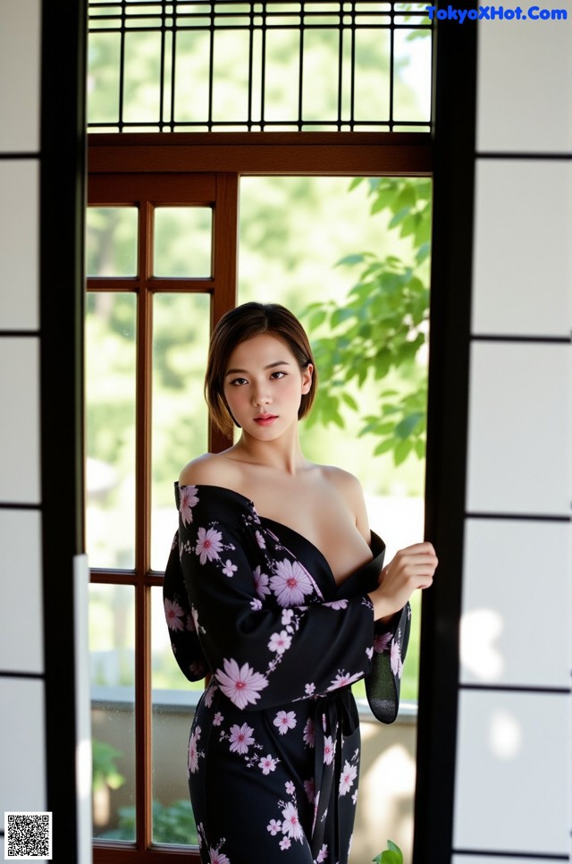 A woman in a black kimono standing in front of a window.