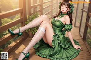 A woman in a green dress and white stockings posing for a picture.