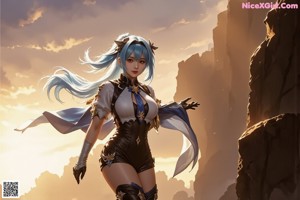 A woman with blue hair wearing a white bikini and a blue scarf.