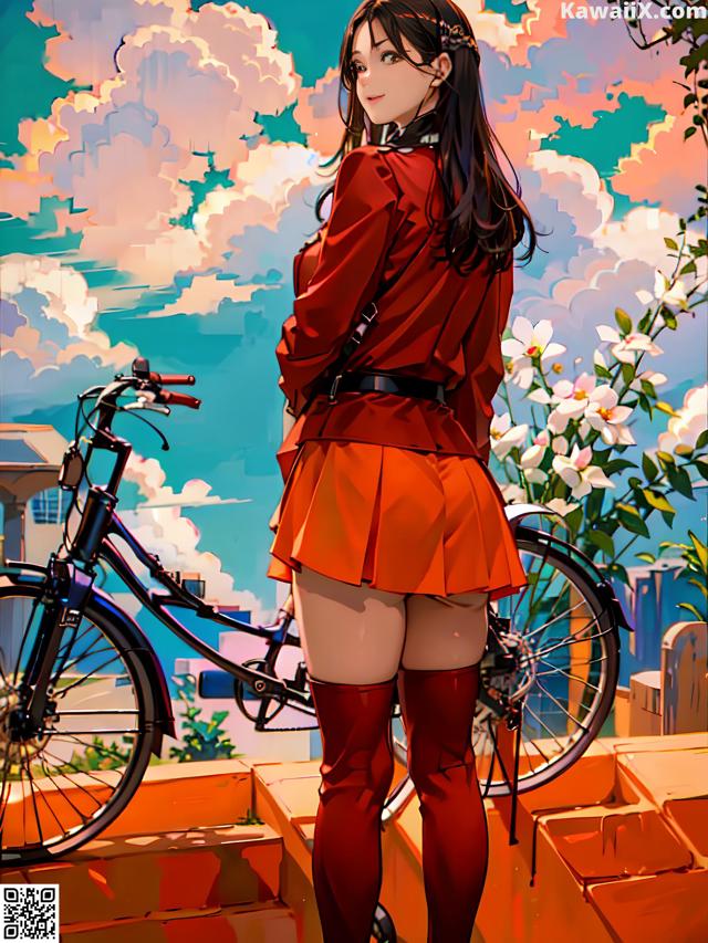 A woman in a red dress standing next to a bike.