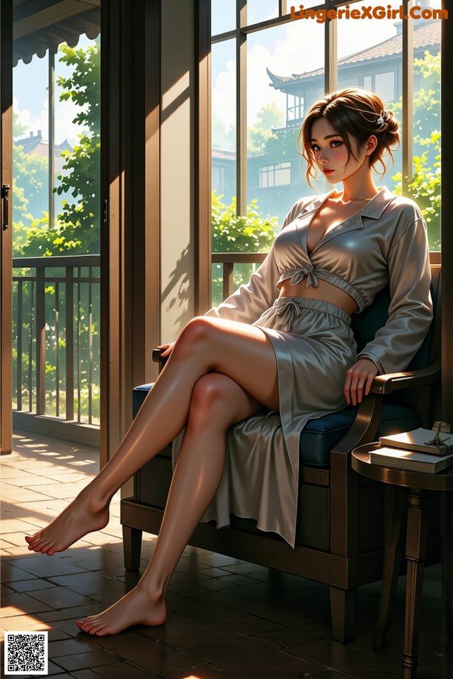 A woman sitting on a chair in front of a window.