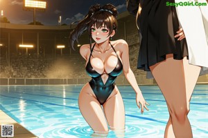A woman in a bikini standing in a pool of water.