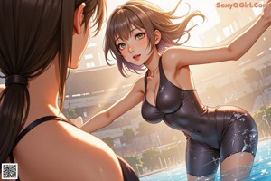 A woman in a bathing suit sitting in a pool.