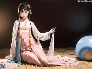 A woman in a white kimono standing in front of a painting.