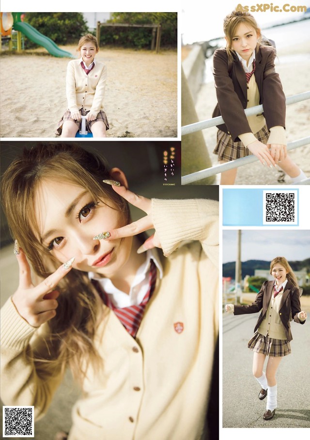 A collage of photos of a girl in a school uniform.