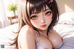 A woman in white lingerie and stockings poses on a bed by a window.