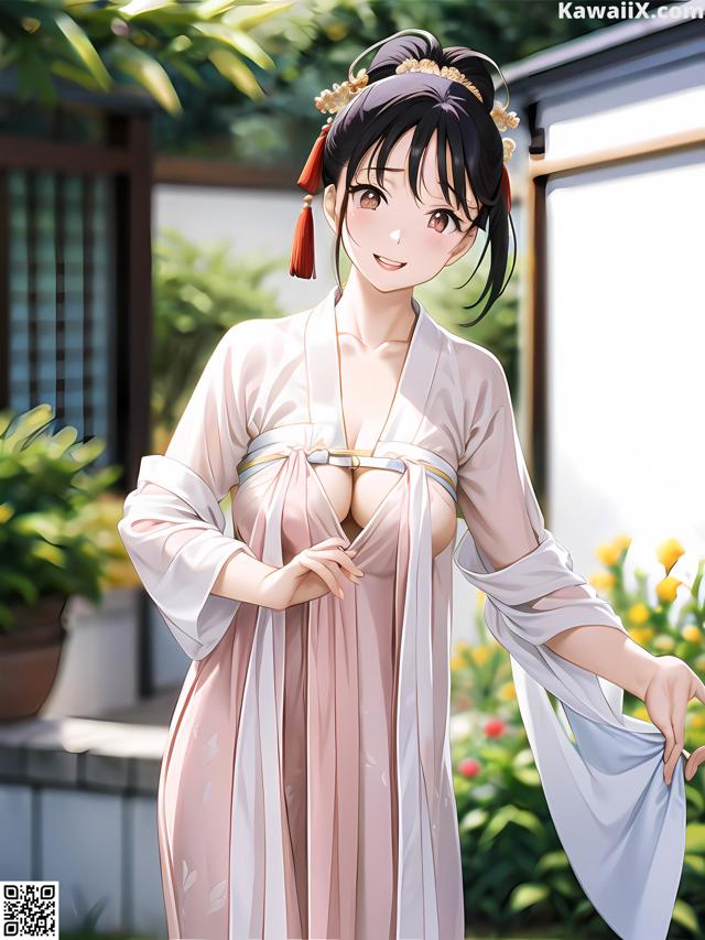 A woman in a pink kimono is posing for the camera.