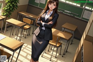 A woman in a business suit standing in front of a window.