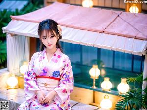 A woman in a pink kimono posing for the camera.