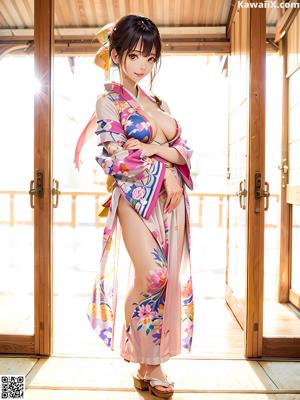 A woman in a blue kimono standing in a hallway.