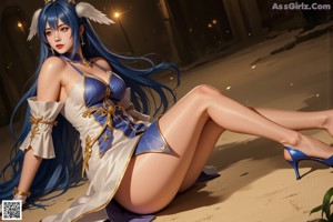 A woman in a white dress with angel wings kneeling down.