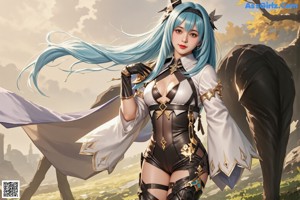 a sexy anime girl with blue hair and a crown on her head