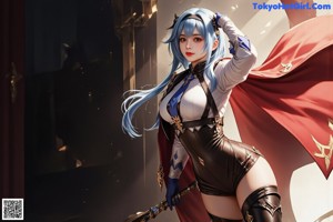 A woman in a black and white outfit holding a blue sword.