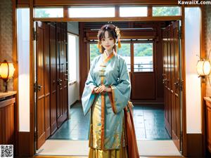 A woman in a blue kimono is walking by the water.