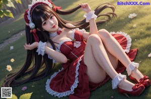 a sexy asian woman in a red and white dress sitting on a bench