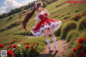 A woman in a red and white dress with a bunny on her head.