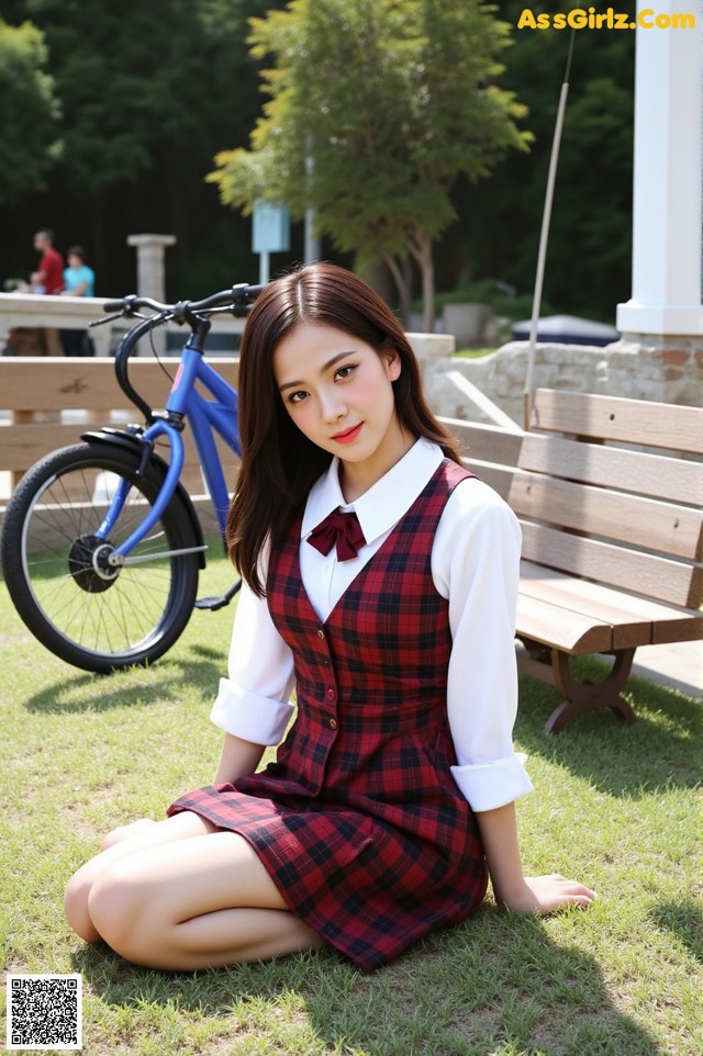 A woman in a school uniform sitting on the grass.