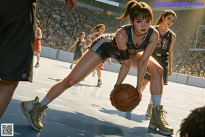 A woman in a blue and white uniform holding a basketball.