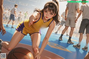A girl in a yellow and blue uniform holding a basketball.