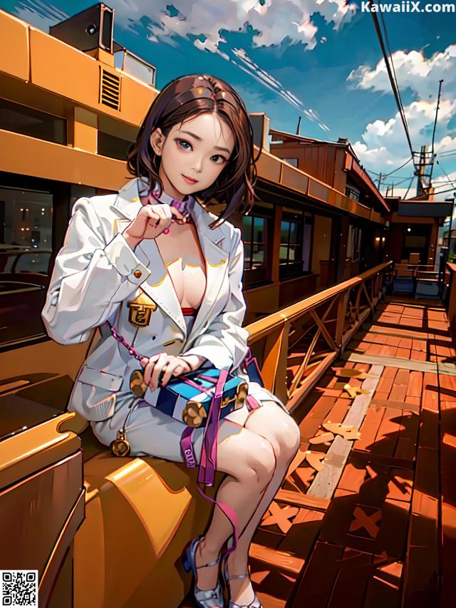 A woman sitting on top of a train holding a purse.