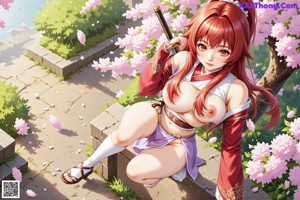A woman in traditional attire stands by a pond with cherry blossoms and a sword.