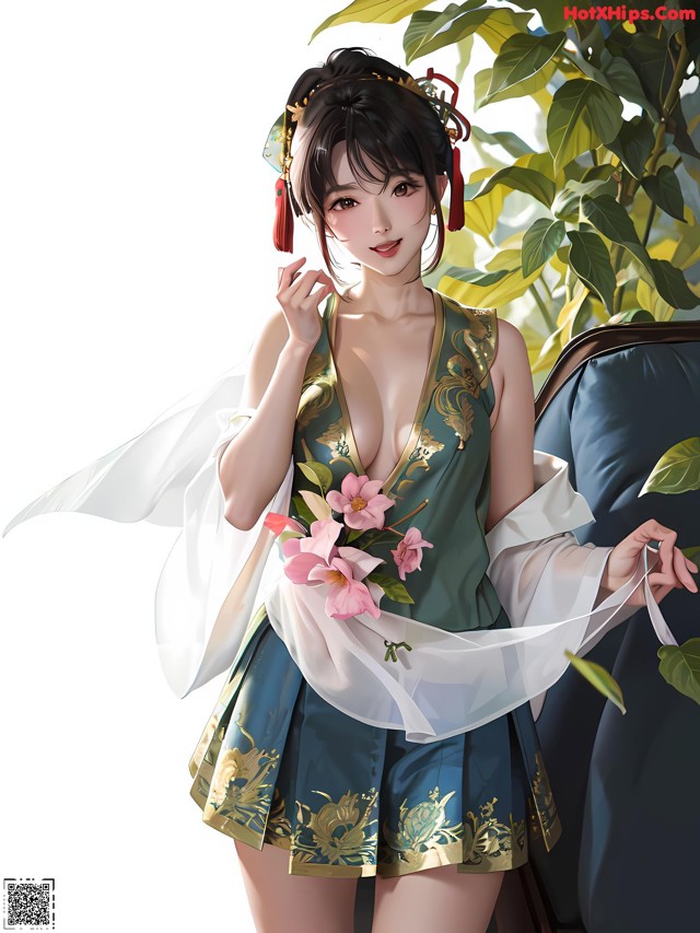 A woman in a green dress holding a pink flower.