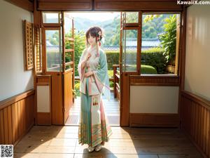 A woman in a yellow kimono holding an umbrella.