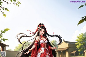 A woman in a white dress with red flowers on it.