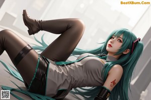 A woman with blue hair sitting on top of a wooden pole.
