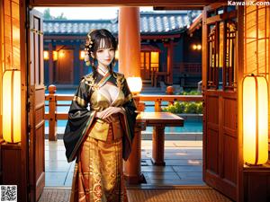 A woman in a red kimono standing in a room.